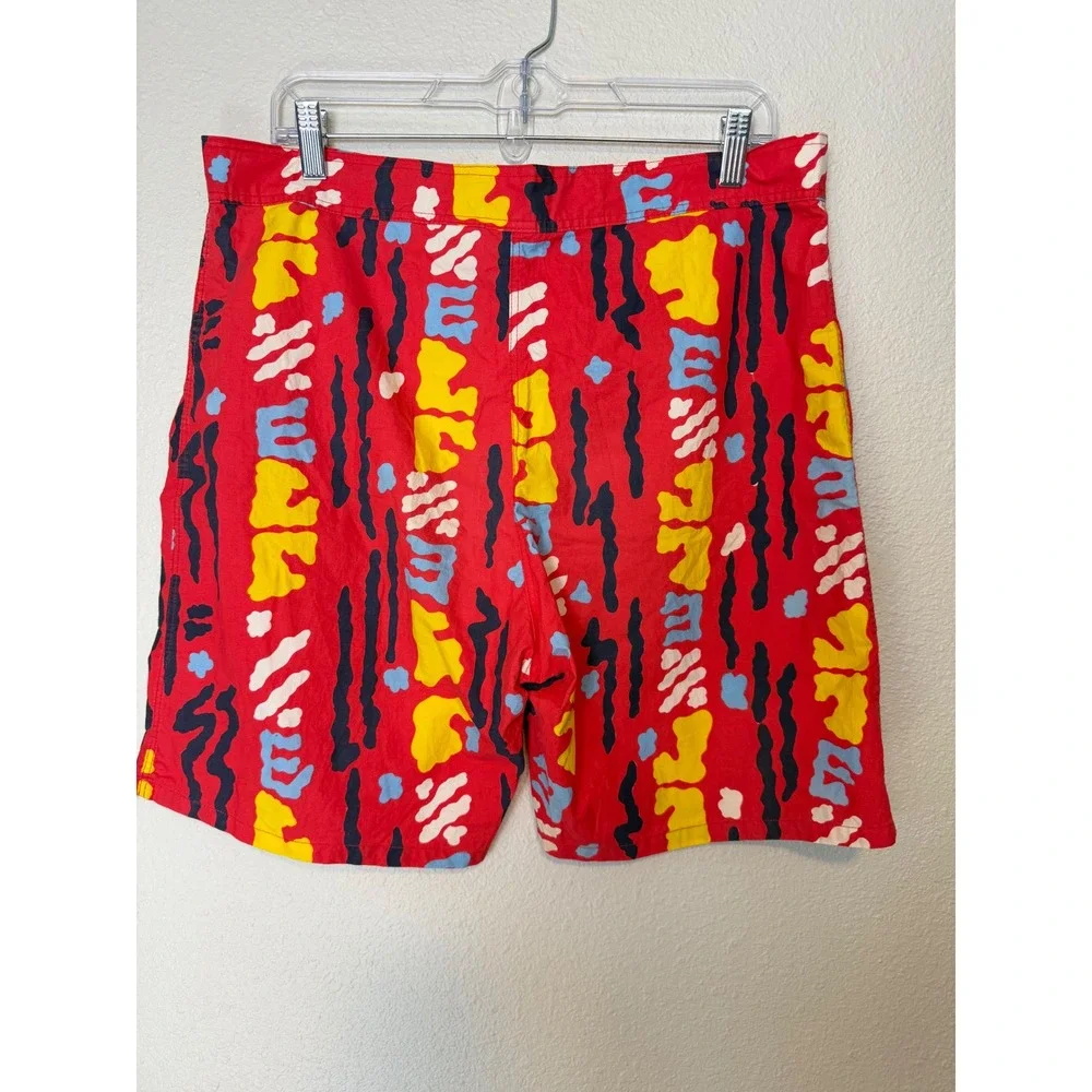 Vintage 90s Basic Gear Abstract Print Swim Trunks Red Yellow Blue Mens 36